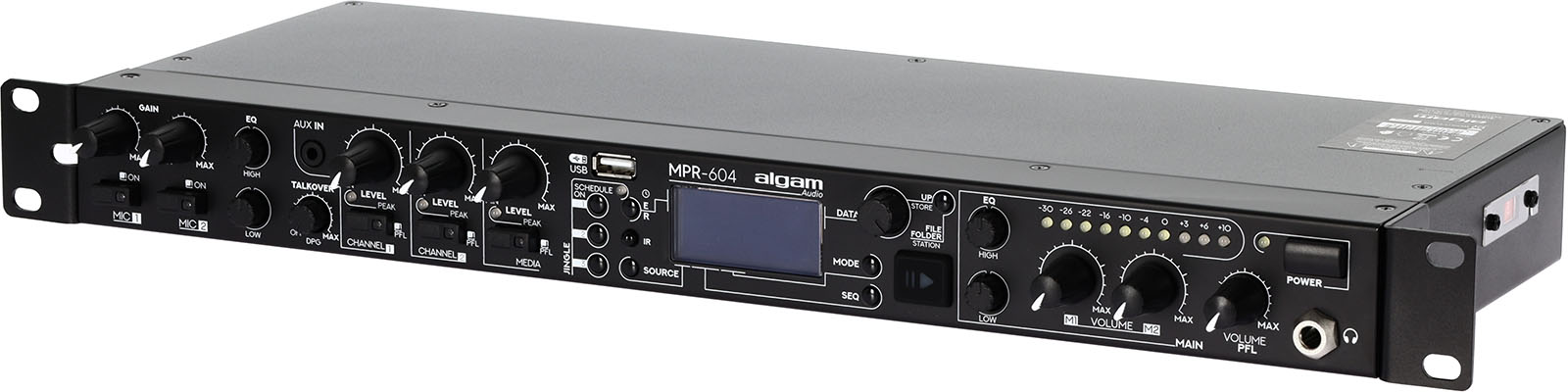 6 inputs, USB, FM, rack-mountable