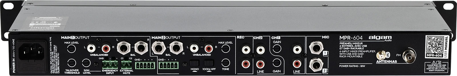 6 inputs, USB, FM, rack-mountable