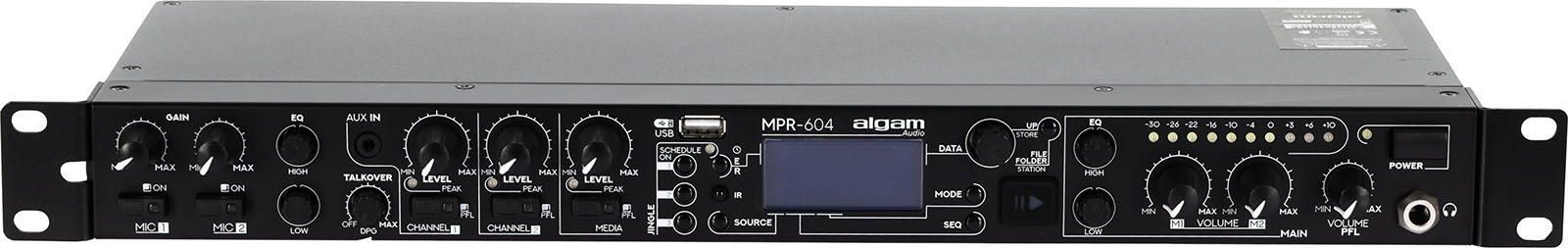 6 inputs, USB, FM, rack-mountable