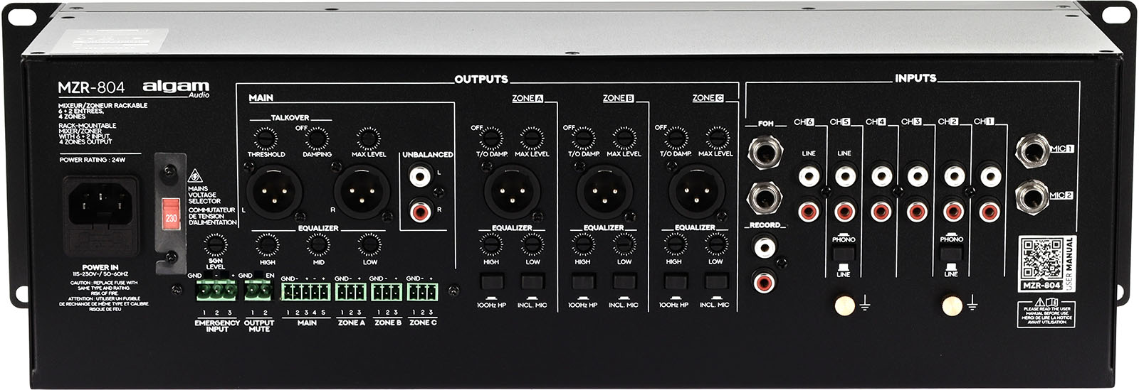 rackmount 4 zone mixer, 6 + 2 channels 