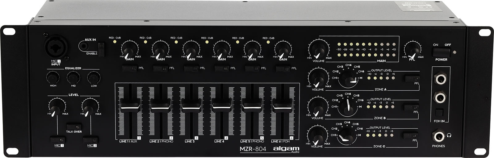 rackmount 4 zone mixer, 6 + 2 channels 