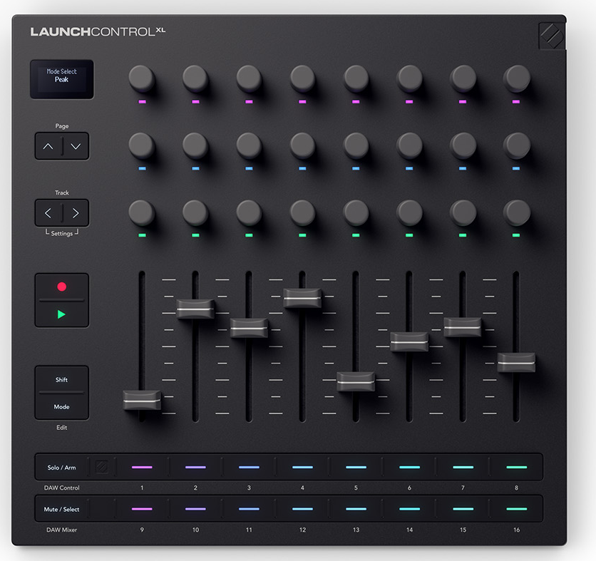 Controller, 24 pots, 8 60mm faders, 16 buttons, transport control, midi in/out/thru