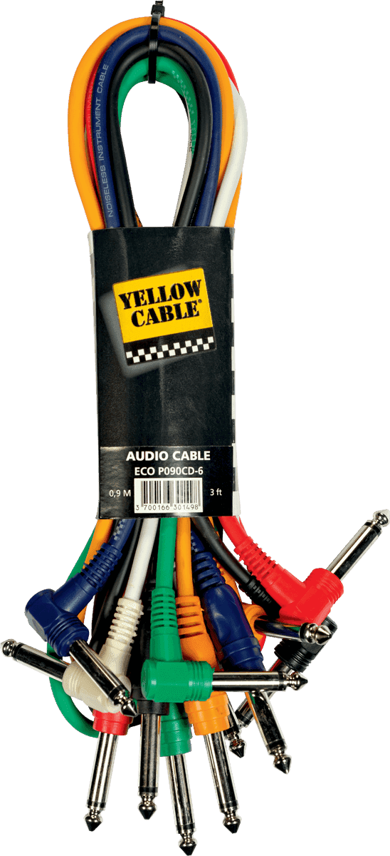 1/4 angled jack to 1/4 jack patch cable 2,9ft/0,90m set of 6